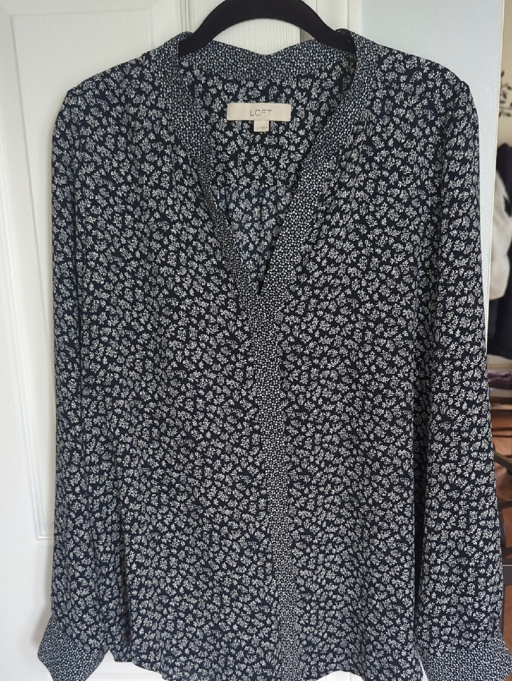 LOFT Navy and White Floral V-Neck Top